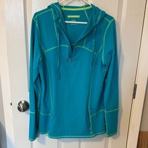 Teal Hooded Pullover with Green Stitching